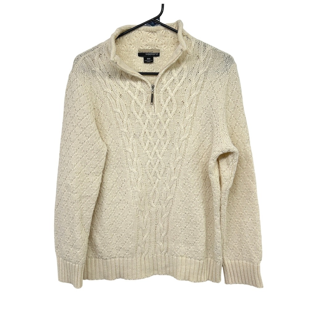 Parkhurst Fisherman Cable Knit Quarter Zip‎ Sweater M Cream Old Money Cozy